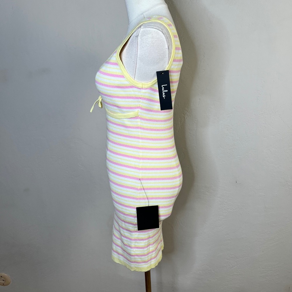 Lulus Striped Ribbed Knit Bodycon Mini Dress Yellow Pink White XS NWT Snag - Picture 3 of 11